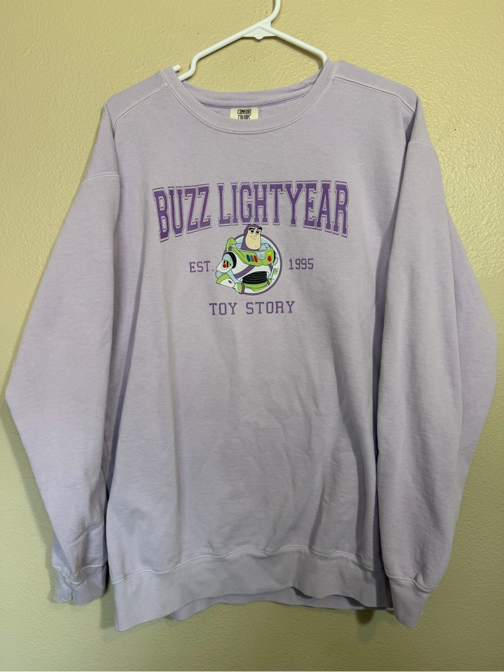 Toy Story Buzz Lightyear Varsity Graphic Sweatshirt Lilac Comfort Colors retro